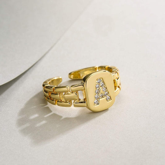Zircon Initial 18K Gold Cuff Ring